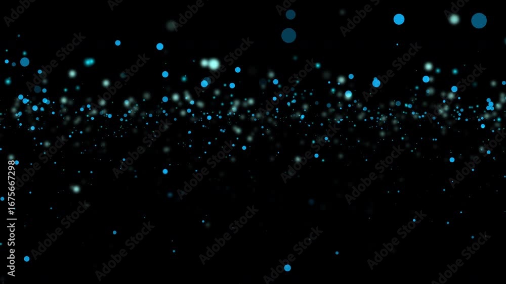Poster abstract animation loop blue bokeh particles glow flow up on black background. 4k 3d seamless loopin