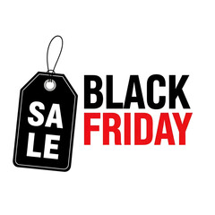 Black friday sale promotion with tag and bold text advertising the biggest shopping day of the year for retail discounts on transparent background