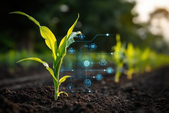 Maize seedling growing in cultivated soil with advanced technology integration for agricultural optimization during sunny daylight - Powered by Adobe
