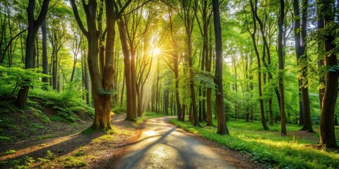 A winding forest path surrounded by tall trees with dappled sunlight filtering through the leaves