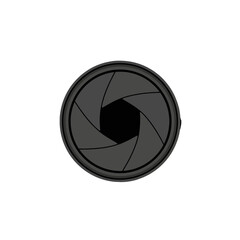 A stylized graphic of a camera lens aperture, featuring a dark gray circular shape with radiating triangular blades, set against a black background.