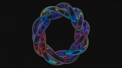 Abstract Swirling Torus with Iridescent Multi- Colored Reflections on Black Background multi-colored