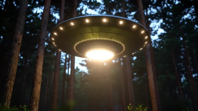 Silver Ufo Flying in a Forest Under a Dark Sky Illuminating The Trees With a Bright Light Creating a Mysterious and Eerie Atmosphere