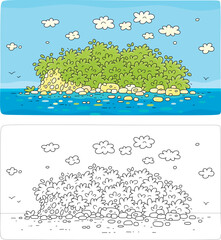 Cartoony desert island with lush greenery and rocky beach in a tropical sea with white clouds and flying seagulls in the blue sky, color and black and white vector cartoon illustrations