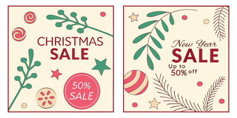 Naklejka premium Merry Christmas and Happy New Year set of 4 social media story, Vector design of christmas elements for greeting card, cover, social media post, minimal design templates. 