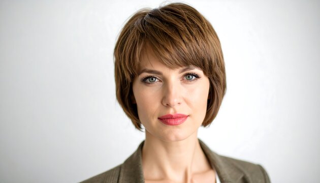 Woman with short brown hair, neutral expression - Powered by Adobe