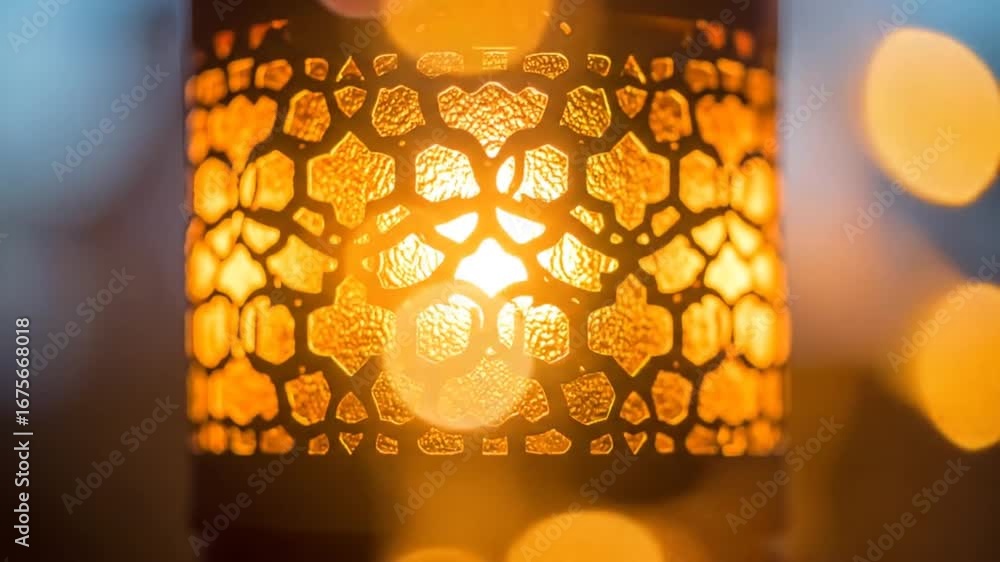 Poster Warm Glow of an Ornate Metal Candle Lantern with Intricate Cutout Patterns Casting Soft Shadows on a Blurred Background Creating a Romantic Atmosphere