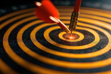 Arrow strikes center of target with precision, showcasing skillful aim in competitive archery setting