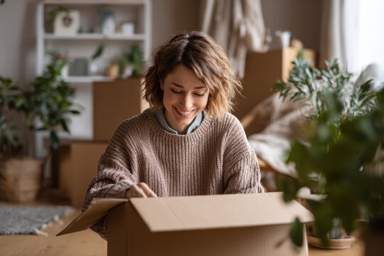 Happy woman unpacking cardboard boxes in a cozy living room filled with plants and natural light during the afternoon