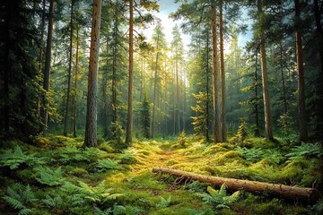 Obraz premium Sunlit forest floor covered with vibrant green ferns and moss, tall pine trees with filtered sunlight creating a peaceful and serene atmosphere