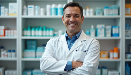 Confident male pharmacist stands smiling with arms crossed in modern pharmacy. Shelves stocked with medicines, health products create pro backdrop. Wears white lab coat, blue shirt, ready to assist