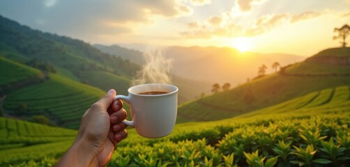 Hand holds steaming white mug of hot beverage. Enjoying warm drink in rich green mountain tea plantation at sunrise. Serene moment of peace, tranquility, balance, wellness, and comfort.