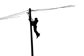 Silhouette of an electrical worker climbing a pole with wires against a light background, capturing the essence of utility work at dusk
