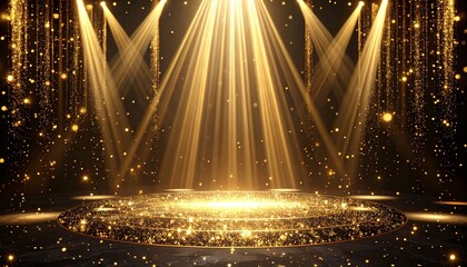 豪華な金色のスポットライトとステージ背景 輝く粒子と光の演出