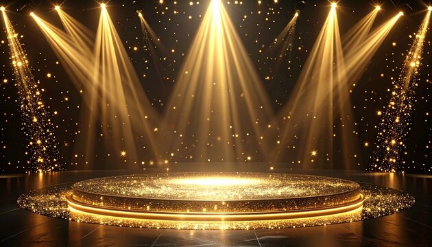 豪華な金色のスポットライトとステージ背景　輝く粒子と光の演出