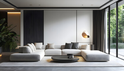 Large luxury modern bright interiors Living room mockup