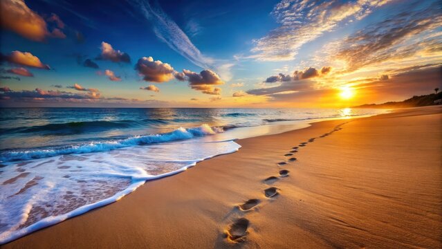 A serene beach scene with footprints leading into the ocean at sunset - Powered by Adobe