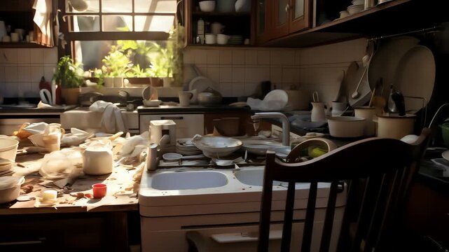 A cluttered kitchen with dishes piled high and sunlight streaming through a window