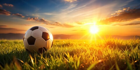 A soccer ball bouncing on a grassy field at sunset with warm golden light