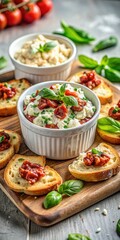 Fototapeta premium A rich and creamy sun-dried tomato basil feta dip served in a white dish atop toasted crostini