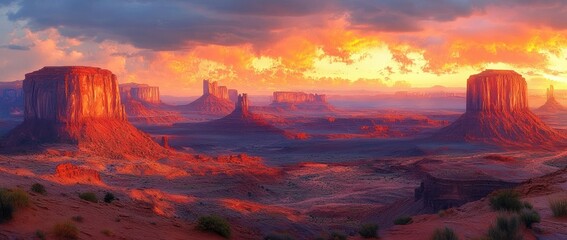 Fototapeta premium Vivid orange and purple sunset casting warm light on expansive desert landscape with large rock formations and sparse vegetation
