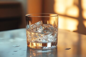Crystal Glass with Ice Cubes Sparkling in Golden Sunlight