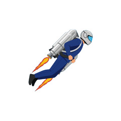 A person in a futuristic jetpack, a stylish illustration against a striking black background, showcasing a dynamic pose of flight.