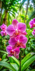 Fototapeta premium Delicate pink orchid bloom amidst lush green foliage in a vibrant tropical garden