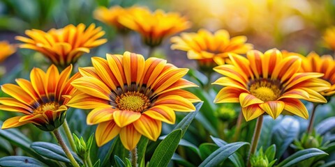 Vibrant yellow flowers of Gazania rigens in a lush garden setting