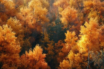Dense forest with vibrant autumn foliage in shades of orange and yellow surrounding a few evergreen trees creating a warm, serene seasonal atmosphere