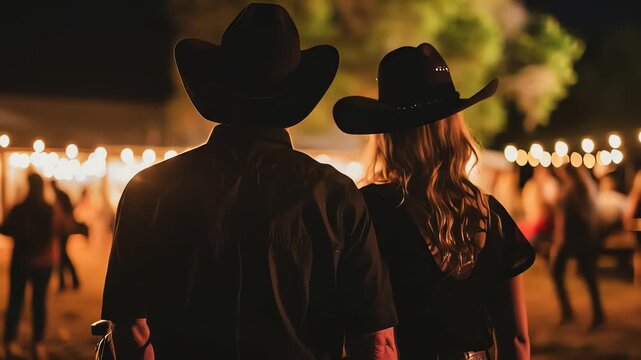 A couple in cowboy hats looks at a string of lights at night
