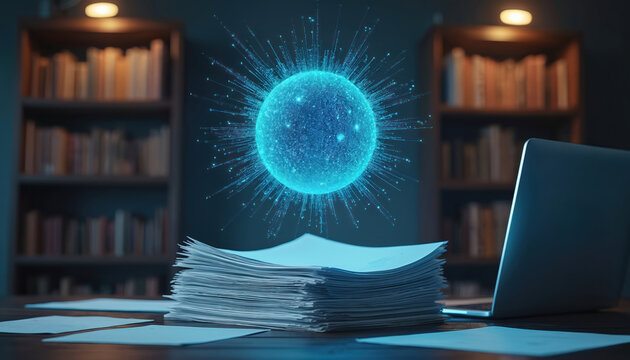 Illustration shows digital data transition from paper stacks to cloud system. Futuristic blue glowing sphere represents data. Laptop, bookshelves in background suggest study office environment.