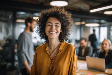 Young woman leads a diverse team in a collaborative workspace filled with creativity and positive energy, capturing a moment of teamwork and motivation among colleagues