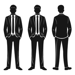 Businessman Silhouette: Front, Side, and Rear Views in Formal Suit, Professional, Minimalist Style.