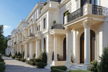 Obraz premium Row of elegant white classical-style houses with ornate columns, decorative balconies, manicured shrubs, and clear blue sky on a sunny day