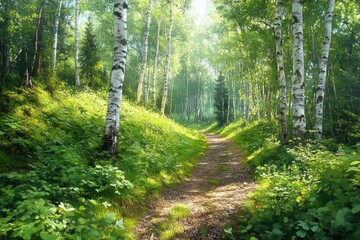 Sunlit forest path winding through tall birch trees and lush green undergrowth on a peaceful summer day