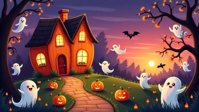 A charming halloween scene features a whimsical house, friendly ghosts, and jack-o'-lanterns at dusk.