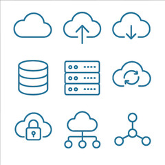 Obraz premium Blue neon cloud computing icons set featuring upload, download, and security