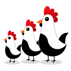 Happy Hen Family:  Cute Cartoon Chicken Illustration, Black and White, Farm Animals, Vector Graphic