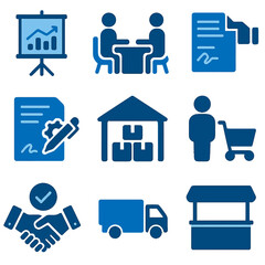 Business and logistics blue icons set with presentation, agreement, and delivery elements
