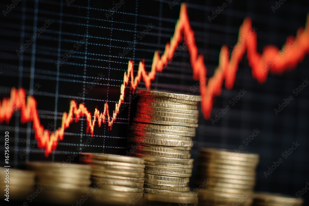 Poster finance chart demonstrates significant increase in value with stacked coins against dark background 