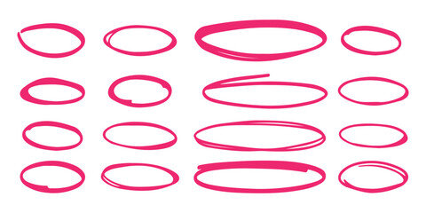 Set of hand drawn red doodle ellipses. Bright red scribble ovals and bubbles to circle and highlight text. Collection of different brush drawn black circles. Marker round elements isolated on white