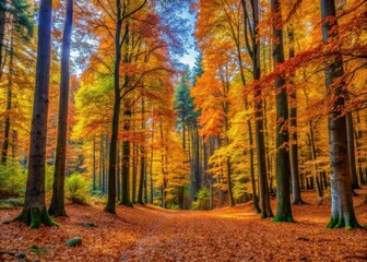 Dense forest of deciduous trees with vibrant autumn colors and fallen leaves on the ground