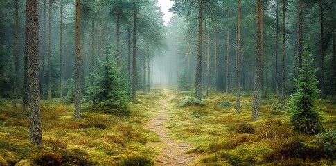 Obraz premium Misty forest pathway surrounded by tall pine trees and lush green moss in a tranquil and serene natural setting