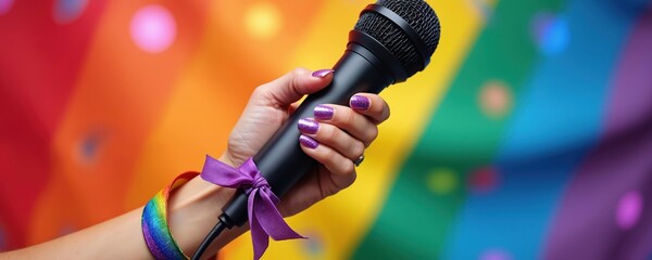 Hand holding microphone with rainbow ribbons against vibrant background symbolizing diversity, inclusivity, and pride. Celebrate LGBTQ rights with music, karaoke, and community support.