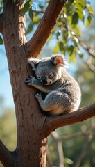 Fototapeta premium Fluffy koala bear sleeps peacefully hugging tree branch. Adorable marsupial rests comfortably in natural habitat. Wildlife scene captures tranquil moment of koala bear dozing amidst eucalyptus