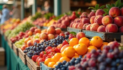 Colorful assortment of fresh fruits displayed at farmers market stall. Abundant selection of apples, grapes, strawberries, peaches, oranges creates vibrant, healthy food scene. Natural produce