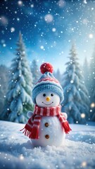 Cute Snowman in Winter Wonderland with Falling Snow