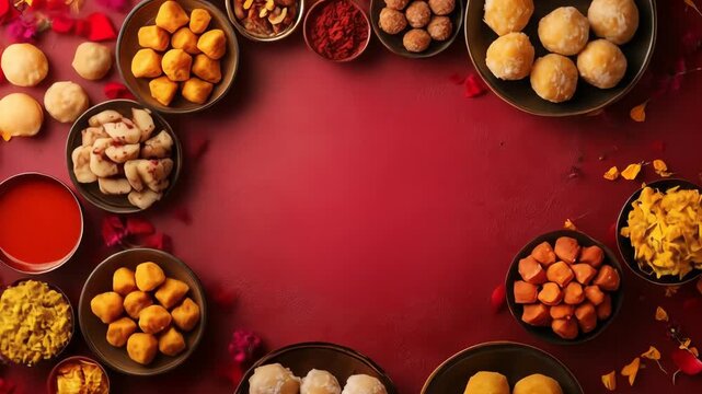 A festive arrangement of Indian sweets and snacks on a red background
