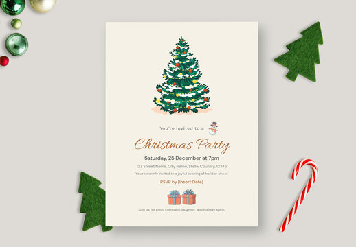 Minimal Christmas Party Invitation with Decorated Tree and Snowman